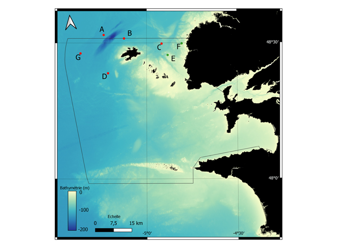 ENSTA Bretagne : carte des points d'écoute en mer d'Iroise