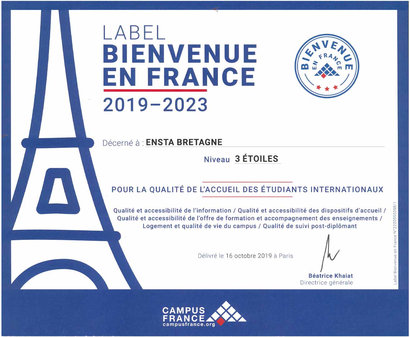 ENSTA Bretagne : labellisée "Bienvenue en France" 3 étoiles pour l'accueil des ses étudiants internationaux