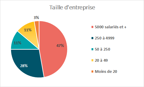 ENSTA Bretagne : taille d'entreprise = 5000 salariés et + (Grande Ent.) : 47% ;	250 à 4999 (ETI) : 28% ; 50 à 250 (PME) : 11%  ; 20 à 50 (PME): 11%  ; - 20 (TPE) : 1