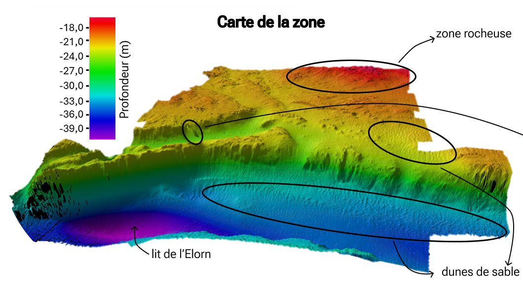Carte des fonds marins dans une zone de la rade de Brest